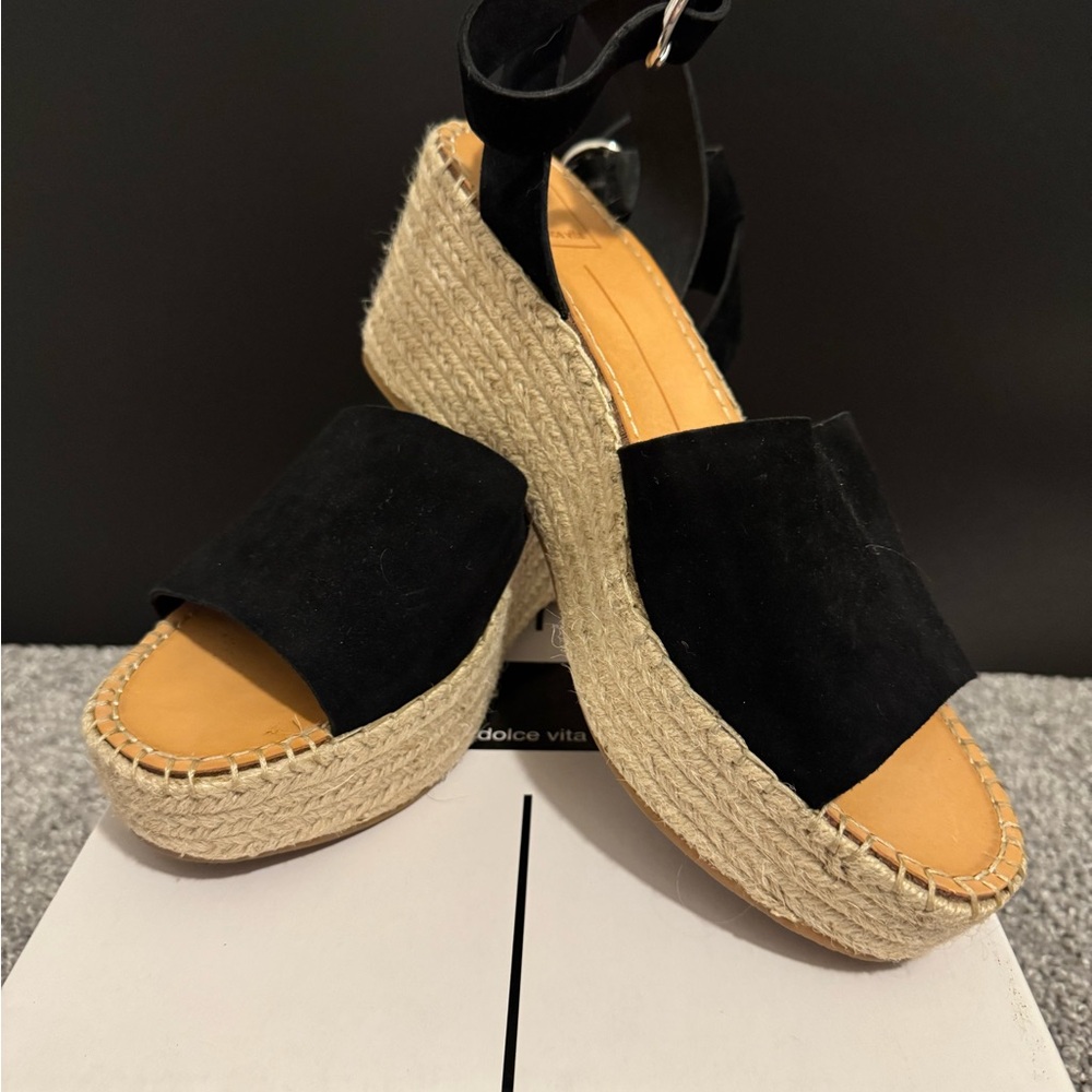 Dolce Vita Lesly Black Suede Espadrille Wedge Sandals